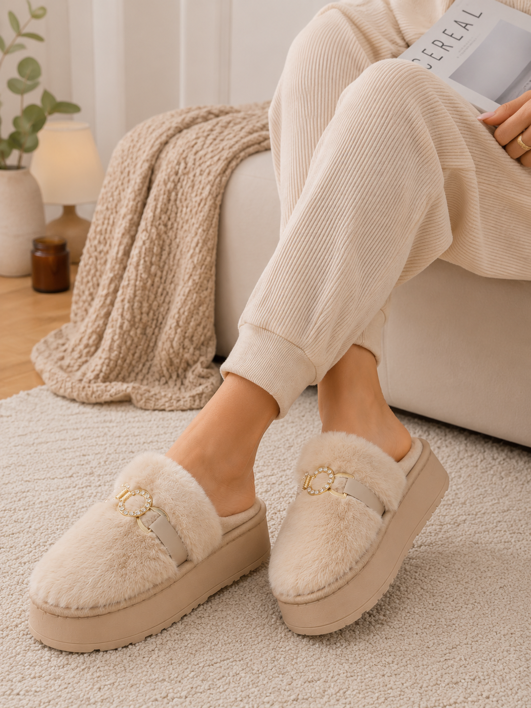 Zapatillas de casa mujer beige de pelo con plataforma puestas
