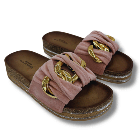 sandalias elegantes mujer con cadena de aros dorada ROSA