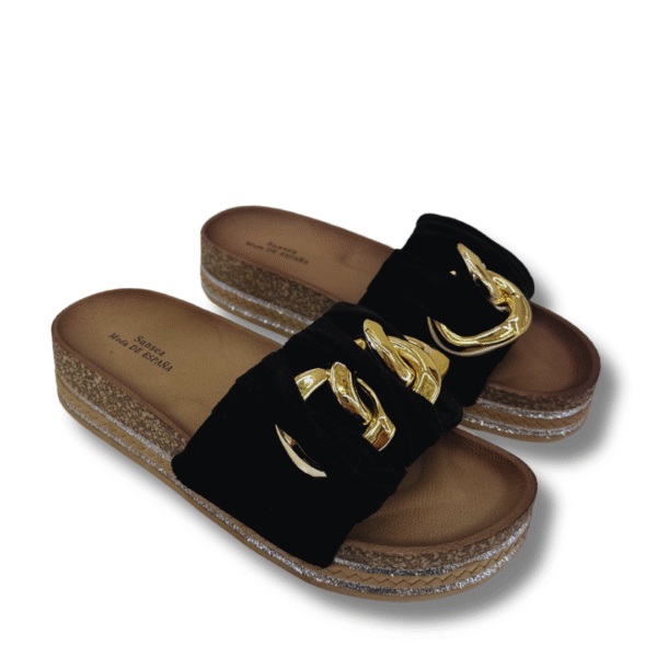 sandalias elegantes mujer con cadena de aros dorada NEGRO