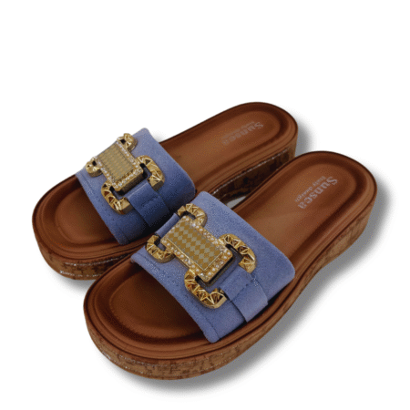 sandalias planas con decoración de ficha mujer azul