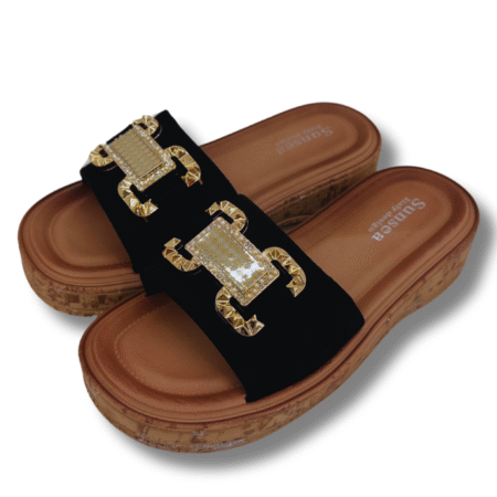 sandalias planas con decoración de ficha mujer negro