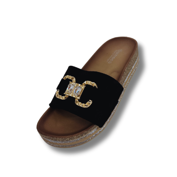 sandalias con aros dorados y piedras brillantes color negro