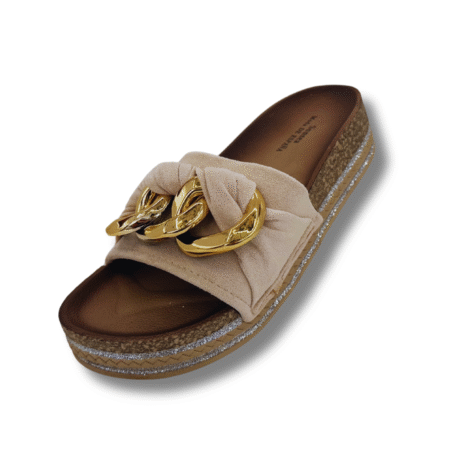 Sandalias de mujer con cadena de aro dorado beige