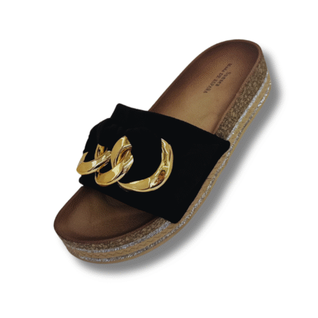 Sandalias de mujer con cadena de aro dorado negro