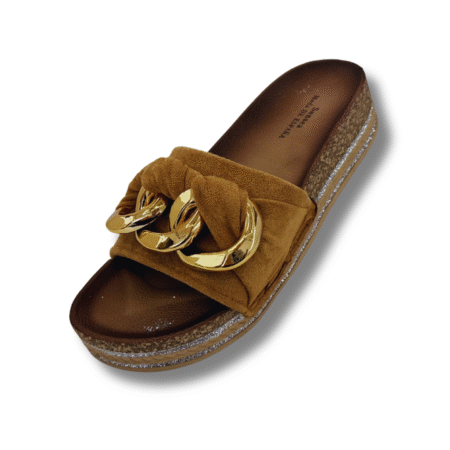Sandalias de mujer con cadena de aro dorado camel
