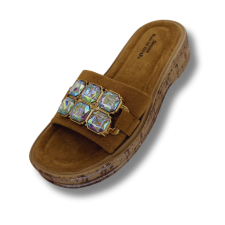 sandalias planas con diamantes para mujer color camel