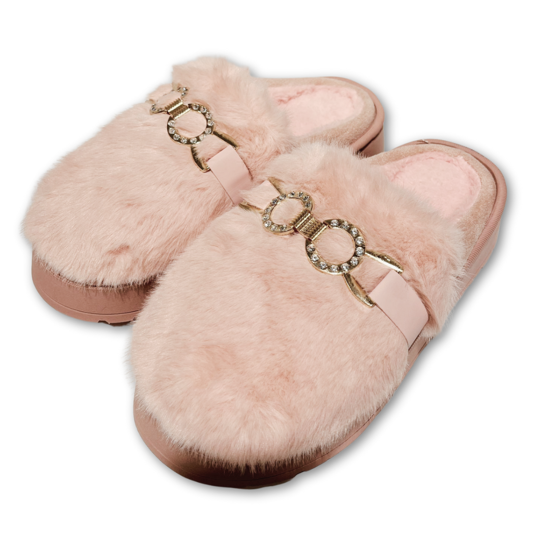 zuecos de casa mujer pelito aros dorados color rosa