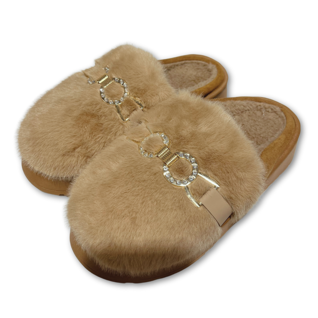 zuecos de casa mujer pelito aros dorados color camel