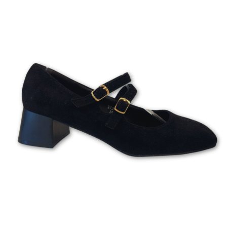 Tacones Bajos Puntera Cuadrada con Tiras en Antelina color negro