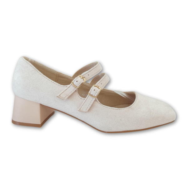 Tacones Bajos Puntera Cuadrada con Tiras en Antelina color beige