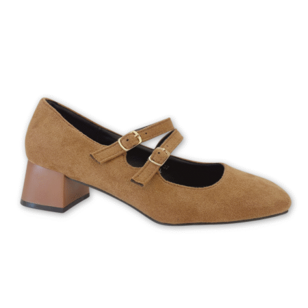 Tacones Bajos Puntera Cuadrada con Tiras en Antelina color camel