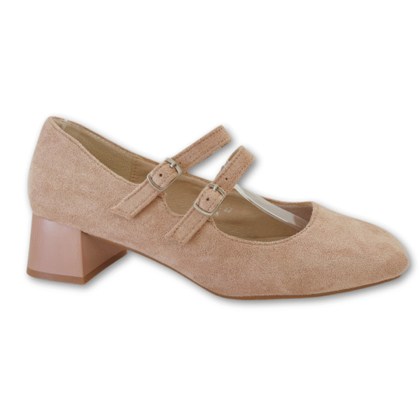 Tacones Bajos Puntera Cuadrada con Tiras en Antelina color rosa