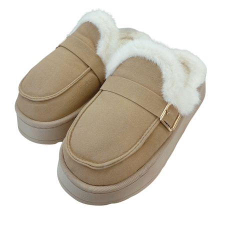 Zapatillas de casa mujer beige tipo mocasín con pelo