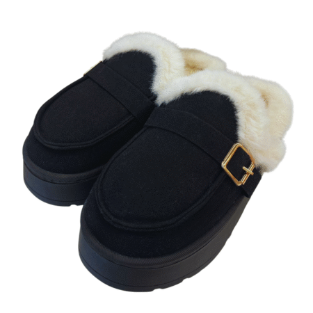 Zapatillas de casa mujer negras con pelo y plataforma